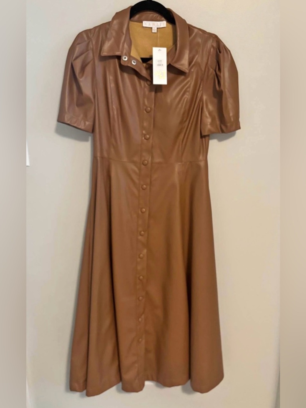 Karlie Cognac Faux Leather Button-Front Midi Dress
